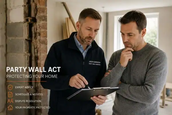 Party wall surveyor Hastings discussing extension plans with homeowner outside a UK semi-detached house.